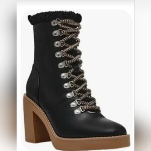 DV Black Women's-Heeled-Carmen- Faux Shearling Lined-Lace-Up Boots